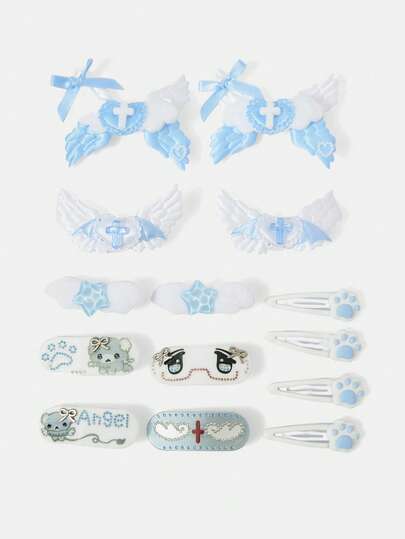 ROMWE Kawaii 14 Random Cute Style Handmade Wing Hairpins, Y2K Blue And White Star Bow Cat Claw Love Element Hairpins, Cartoon Duck Bill Clip BB Clip Hair Accessories Combination.