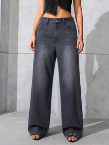 Jeanoix 休闲水洗宽松直筒牛仔裤 - 黑色 - 查看 4