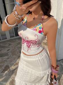Glimmora Y2K Summer Vacation Halter Neck Butterfly Print Top, 2 In 1 Backless Top, Simple Vacation Style, Fresh Floral Print, Suitable For Parties, Dates, Beaches, Carnivals, And Other Occasions, Perfect For Summer Wear. Pink Beach Top, 2 In 1 Beachwear, Women's Beach Top, Pink Floral Print Beachwear, Versatile Beach Top. - Multicolor - View 5