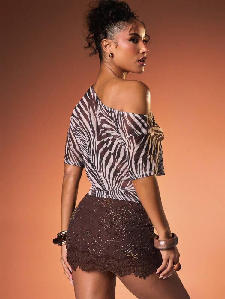 MISSGUIDED Zebra Print Off Shoulder Top With Short Sleeves Mesh Fabric Spring Summer Cropped Blouse