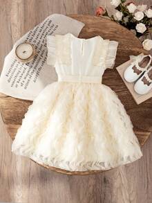 SHEIN 少女夏季新款时尚高端法式串珠花卉饰边短袖圆领拼接荷叶边网纱泡泡裙公主裙，适合日常外出、宴会、派对和演出等场合。 - 杏色 - 查看 2