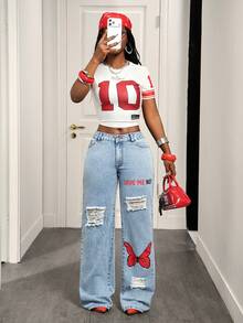 BamGleam 女士口袋纽扣字母蝴蝶图案做旧休闲百搭日常穿着阔腿牛仔裤 - 藍色 - 查看 8