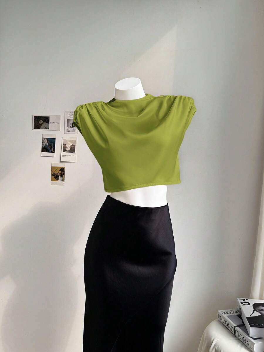 Firerie Kemeja Crop Berkerut Warna Polos yang Modis dan Seksi untuk Wanita, Atasan Musim Panas - Olive Green - View 1