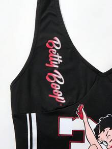 Betty Boop x SHEIN 女士性感时尚街头运动卡通人物和数字字母印花撞色条纹侧开背吊带上衣，夏季 - 黑色 - 查看 3
