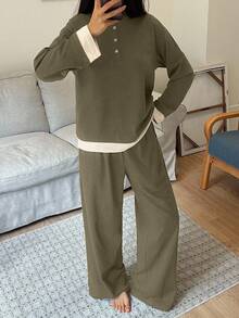 DAZY 女士秋冬简约撞色拼接舒适针织长袖上衣和裤子两件套睡衣 - 軍綠色 - 查看 4