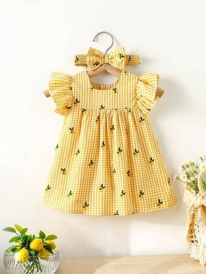 SHEIN Vestido sin mangas para bebé niña con cuello, estampado a cuadros amarillo y blanco, hojas y limones, con volantes y diadema a juego
