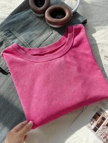 Comfortcana Plus Size Fuchsia Washed Snow Flower Cotton Short Sleeve T-Shirt, Spring - Hot Pink - View 7