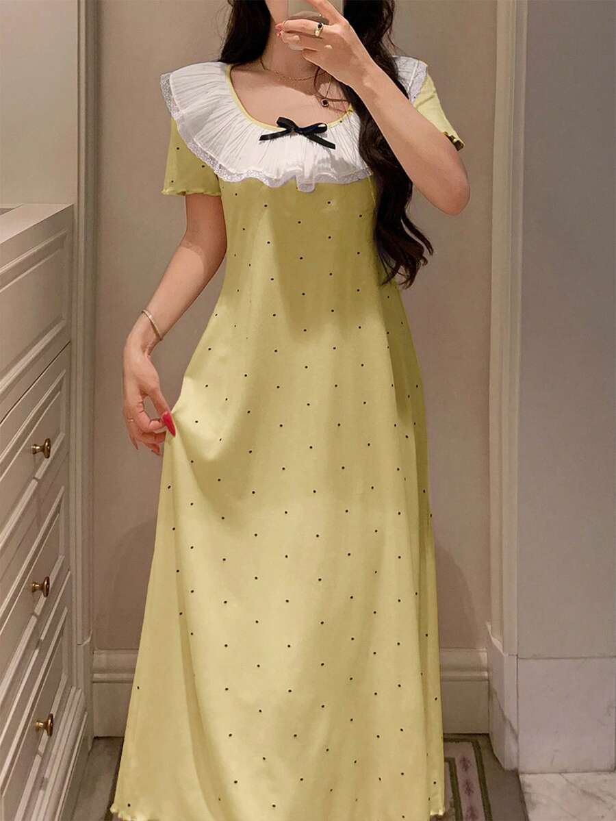 DAZY 波点印花荷叶边领女士睡裙,夏季女士睡衣连衣裙 - 黃色 - 查看 1