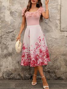 Ellevyn Blusa de punto elástica ajustada con hombros descubiertos y flores 3D rosas a rayas, con falda evasé. Falda elegante de jacquard para uso diario, vacaciones, primavera/verano - Multicolor - Ver 6