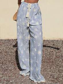 Livesso Vacation Casual Striped Floral Embroidered Women Pants - Blue - View 3