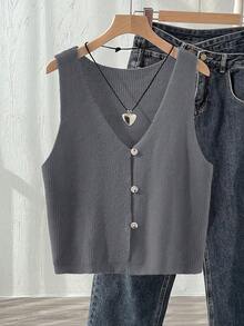SHEIN Franclia Vintage V-Neck Knit Top,Dark Grey Button Design Textured Ribbed Knit Fabric,Summer Casual School Back-To-School Commute Layering Minimalist Soft Top - Grey - View 7