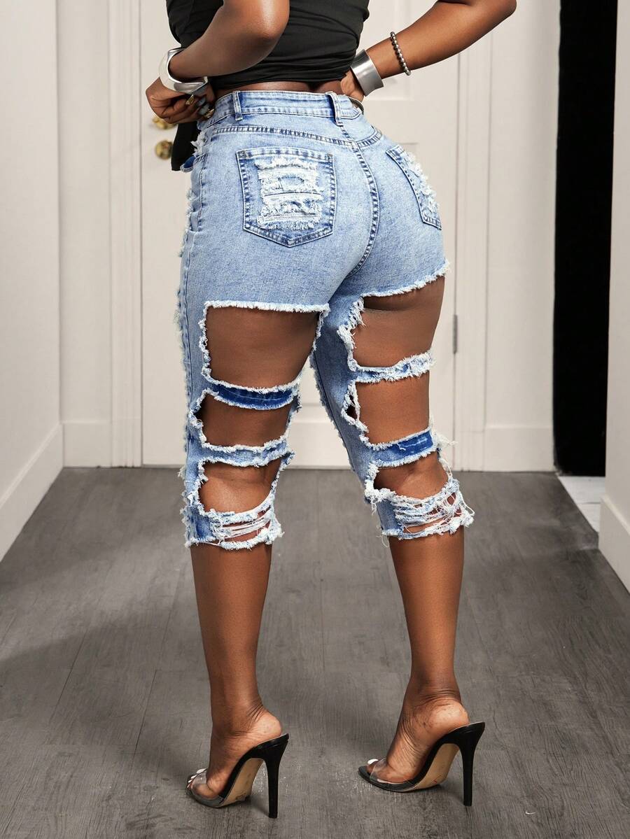 BamGleam Light Blue Asymmetrical Distressed 3/4 Length Women Jeans - Light Wash - View 1