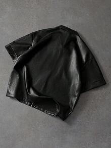 PAVTROS Men's Hip Hop PU Loose Short Sleeve Zip-Up Shirt - Black - View 8