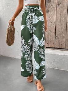 SHEIN Frenchy All-Over Print Knotted Casual Pants - Mint Green - View 4