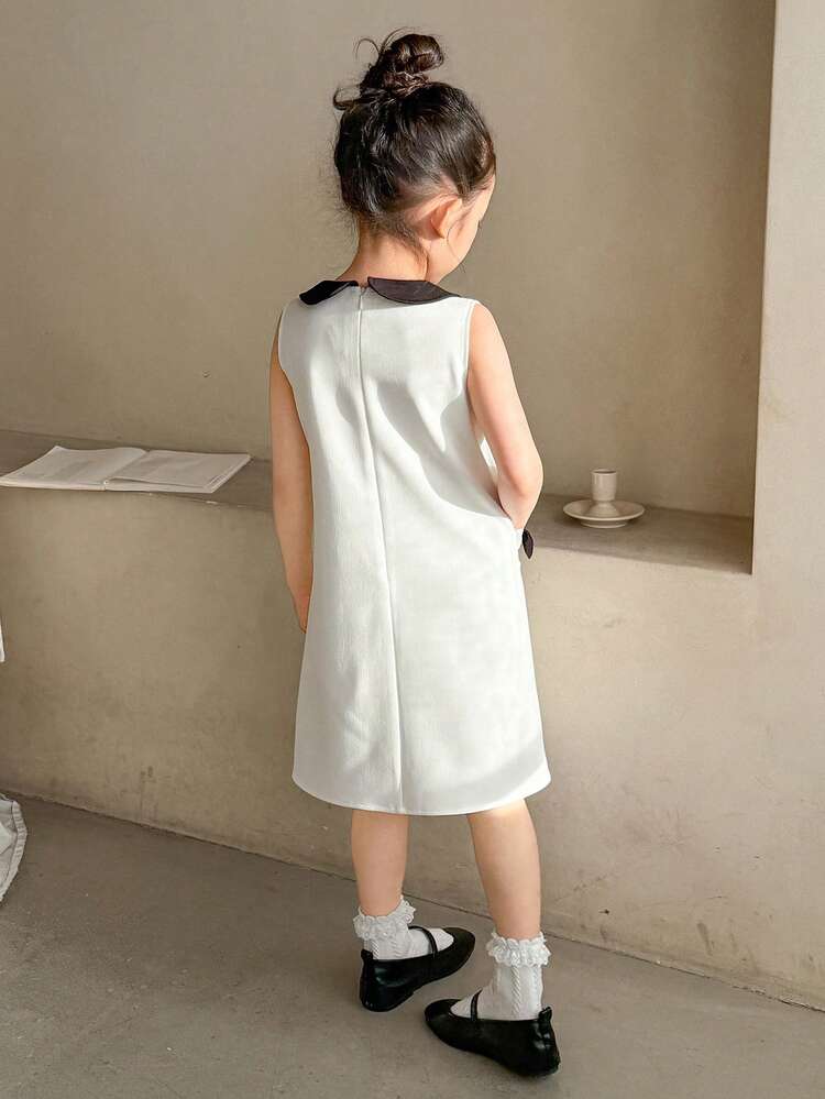 Young Girl Summer Casual Vacation Cute Contrast Color Peter Pan Collar Patchwork Pocket Bow Decor Sleeveless Loose Dress