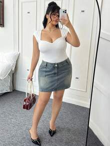 CovetEZ Plus Size Black Wide Strap Sweetheart Neck Ribbed Knit Bodysuit, Summer - White - View 6