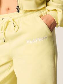 Missguided x Playboy 宽腿抽绳慢跑运动裤，配有弹性腰带和侧袋，休闲舒适 - 黃色 - 查看 5