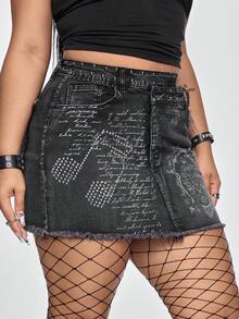 ROMWE Grunge Punk 大码女式标语图案不对称腰部口袋修身牛仔迷你裙 - 黑色 - 查看 5