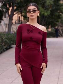 Andrea Bello 女士时尚休闲斜肩上衣和裤子两件套 - 酒紅色 - 查看 3