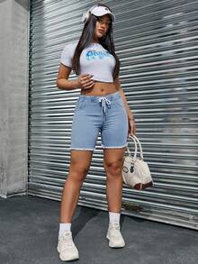 SHEIN ICON Quần short denim rút dây giản dị có túi cho nữ - Rửa nhẹ - Xem 6