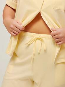 LUVLETTE 夏季女士加大码黄色柔软100%纯棉睡衣套装，女士家居服套装，带口袋长裤，适合曲线身材，大码睡衣 - 黃色 - 查看 9