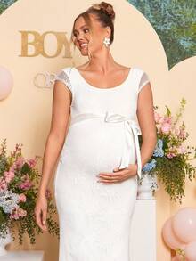 Loomaby White Summer Elegant Silky Baby Shower Maternity Dress,Lace Mermaid Gender Reveal Formal Party Gown,Wedding Guest Dress For Pregnant Women Outfit - White - View 14