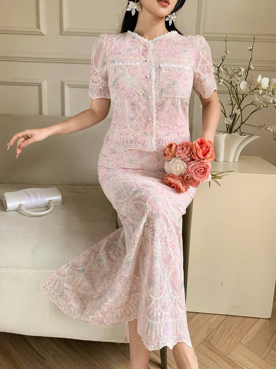 2pcs/Set Women Casual Round Neck Short Sleeve Cardigan Top And Long Skirt, Elegant Lady Outfit