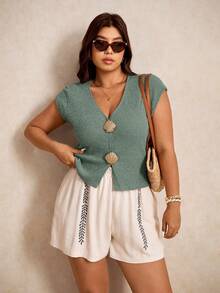 Elaquor Plus Size Solid V-Neck Metal Shell Decor Casual Short Sleeve T-Shirt - Mint Green - View 5