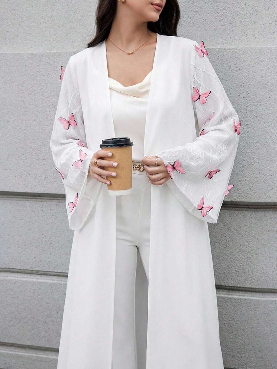 Al Najma 女士宽松蝙蝠袖阿拉伯长袍,饰有3D蝴蝶图案 - 粉色 - 查看 1