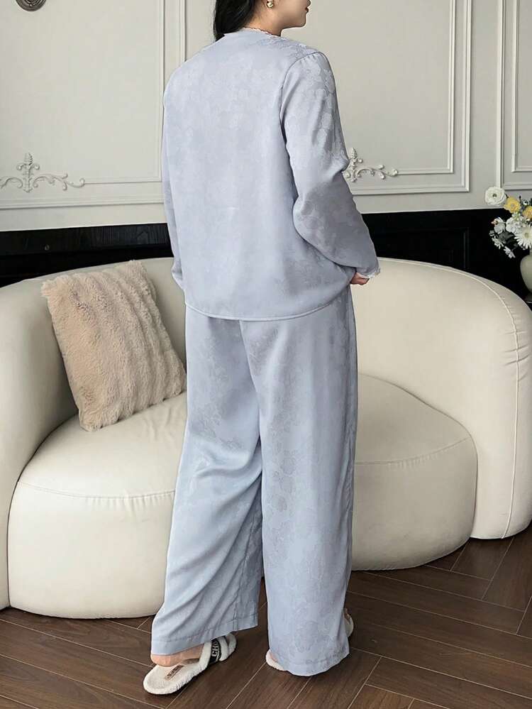 Dazy Plus Plus Size Solid Color Button Front Long Sleeve Top And Pants Pajama Set