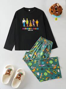 SCOOBY-DOO X SHEIN 男士加大码卡通字母印花落肩宽松长袖上衣和裤子睡衣套装，春秋季 - 黑色 - 查看 1
