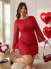 SHEIN EZwear Vestido mini de línea A con cintura ceñida, mangas largas acampanadas, espalda abierta, textura de punto elástico para uso casual, salidas, uso diario, fiestas, citas, cumpleaños, temporada de bodas del Día de San Valentín, primavera y verano 2026, talla grande, color rojo - Rojo - Ver 5
