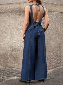 Selenza Bộ jumpsuit denim không tay hở lưng, thời trang thường ngày dành cho nữ cỡ lớn - Màu xanh lam - Xem 2