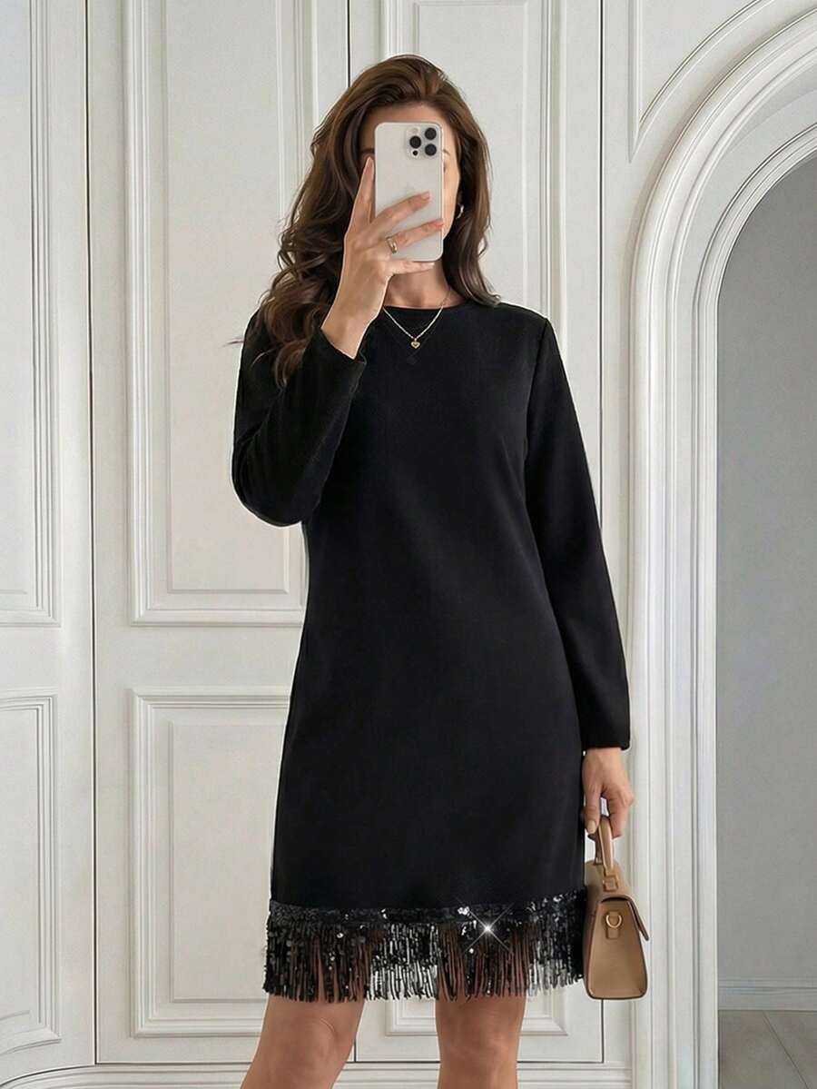 Miaspire Women's Solid Color Round Neck Long Sleeve Fringe Hem Loose Fashion Mini Dress Long Sleeve Black Dress Black Dress Classy Elegant  Dresses For Women Black Fall Dresses For Women Christmas Dress Party Dress Going Out Outfit - Black - View 1