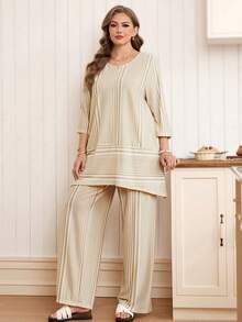 EMERY ROSE Conjunto de duas peças feminino plus size casual para férias e deslocamentos diários, com estampa listrada em blocos de cores, composto por blusa longa e calça pantalona. Ideal para primavera/outono. - Multicolorido - Ver 5