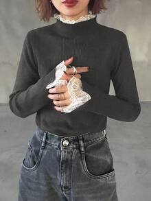 FRIFUL 女士撞色高领长袖蕾丝边袖口及下摆宽松休闲套头毛衣，秋冬款 - 深灰色 - 查看 3