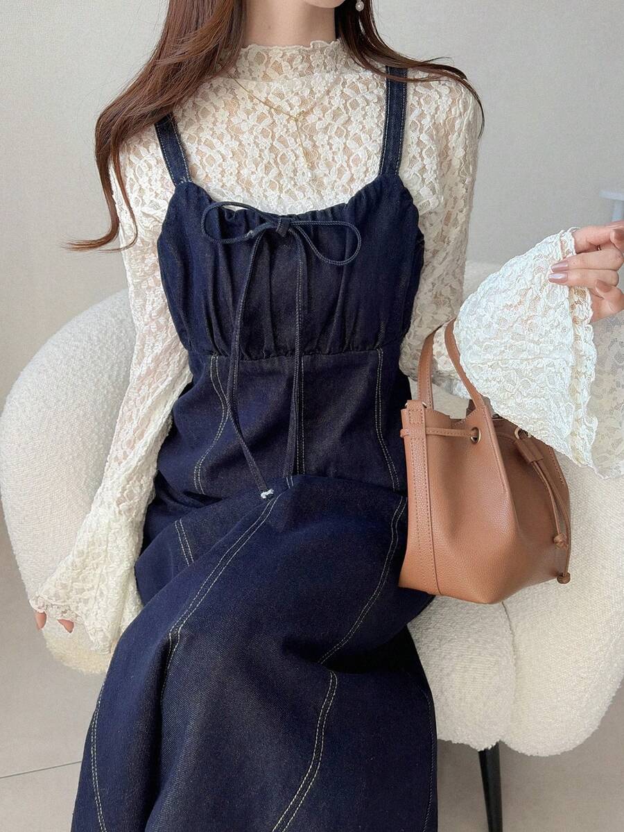 FRIFUL 女士休闲日常通勤系带牛仔连衣裙，夏季 - 藍色 - 查看 1