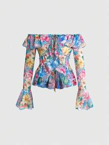 ROMWE Hippie Cubrecuerpo transparente con volantes y hombros descubiertos, estilo vintage de vacaciones en la isla, para mujeres - Azul - Ver 1