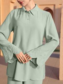 Graceveil 优雅刺绣袖口上衣和宽松长裤阿拉伯风格女装 - 綠色 - 查看 1