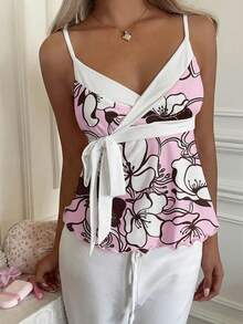 CovetEZ 印花紧身露脐上衣，撞色滚边设计，女士休闲度假装 - 彩色 - 查看 3