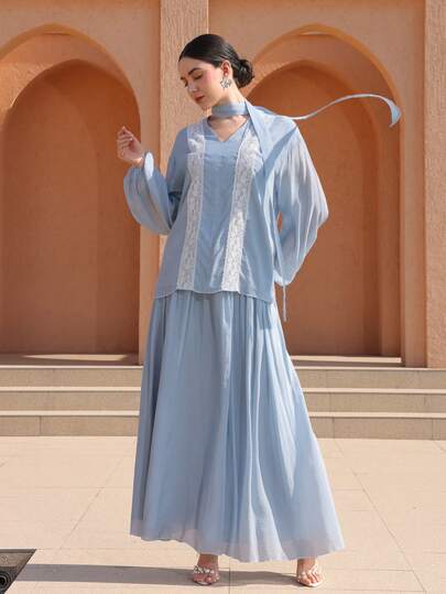 Graceveil Women's Elegant Romantic V-Neck Lace Trim Blouse And Skirt Set