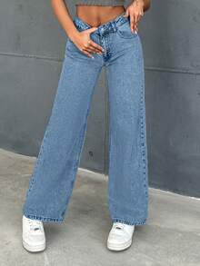 EURMUSE Women's Front Button Pocket Simple Design Casual Denim Jeans - Medium Wash - View 4
