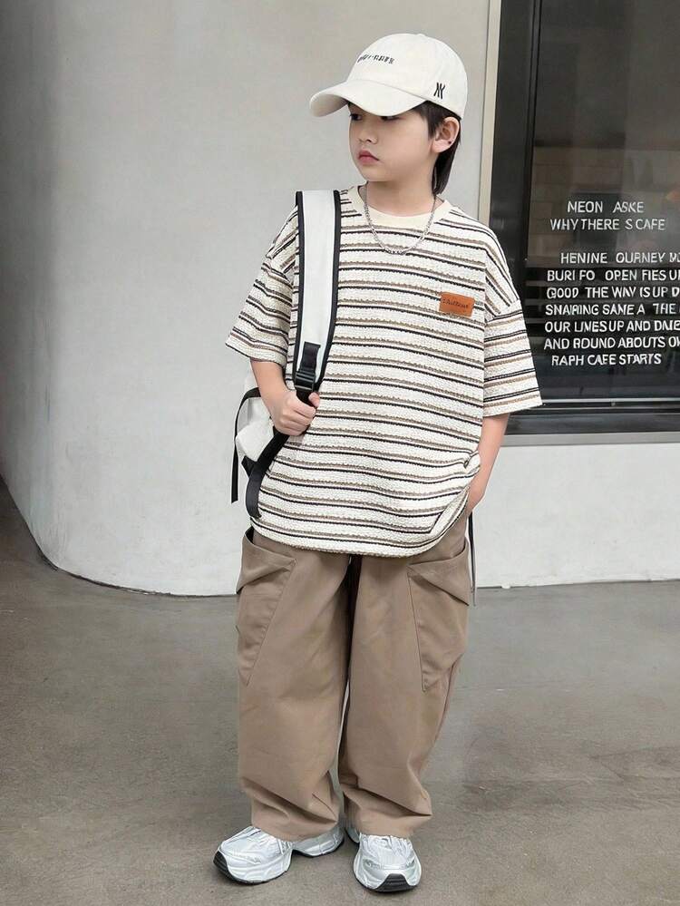 2pcs Kids Boys Casual Striped Round Neck Loose Short Sleeve T-Shirt And Relaxed Black Pants Knit Tracksuit Set, Suitable For Spring/Summer, Outings, Valentine's Day, Dates, Travel, Vacations, Family Gatherings, Back To School, Weddings, Evenings, Sports, Birthday Parties - Multicolor - View 2