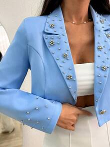 SHEIN Women Rhinestone Detailed Single Button Blazer - Baby Blue - View 4