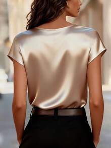 SHEIN LUNE Blouse en satin élégante couleur champagne avec col cranté et perles fausses pour l'été pour femmes,Top chic pour dîner et fête,Travail de bureau formel,Mode - Nude - Voir 2