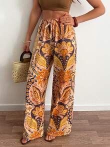 Women, Spring, Summer, Pant, Regular Fit, Wide Leg, Long Length, Oriental, Print, Best, - Multicolor - View 1
