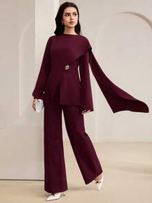 Veilorie Women's Solid Color Round Neck Long Sleeve Shirt With Metallic Waist Decor, Elegant - Burgundy - View 5