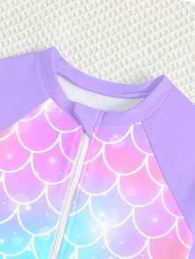 Young Girls Mermaid Long Sleeve Swimsuit,Gradient Purple Rash Guard One-Piece Bathing Suit With Front Zipper,UV Protection Swimwear For Summer,Beach - Multicolor - View 4
