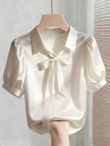 Franclia Women's Elegant Bow Tie Puff Sleeve Blouse Satin Blouses For Women Cream Blouse Bow Shirt Elegant Blouses Silk Blouse - Apricot - View 1
