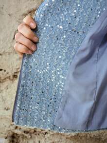 MOTF PREMIUM WOMEN'S TURNDOWN COLLAR DENIM BIKER JACKET, SHORT STYLE, AUTUMN/WINTER - Blue - View 7